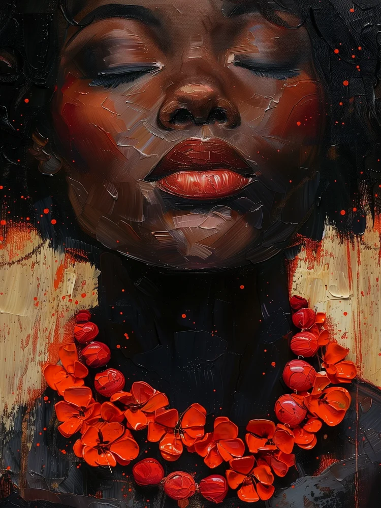 Tablou canvas: Portret Expresiv cu Colier Roșu - Thumbnail 2