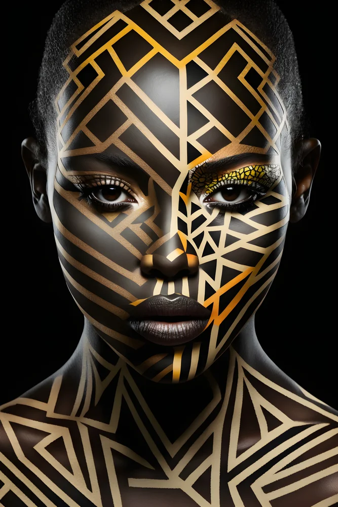 Tablou canvas: Portret Geometric African în Negru și Auriu - Thumbnail 2