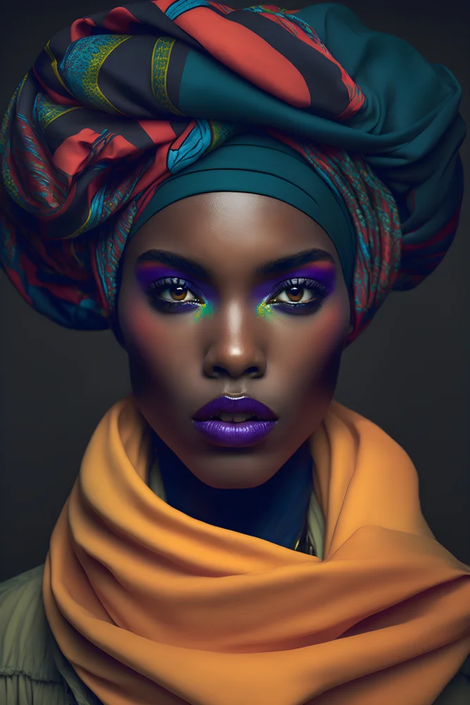 Tablou canvas: Portret cu Turban și Eșarfă Colorată - Thumbnail 2