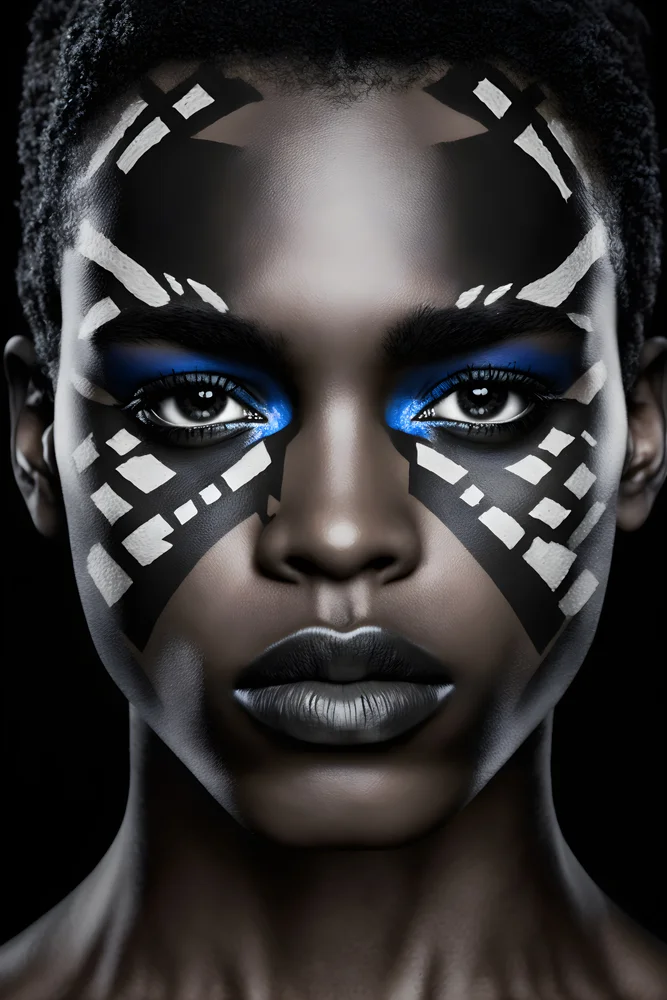 Tablou canvas: Portret cu Motive Africane și Machiaj Albastru - Thumbnail 2