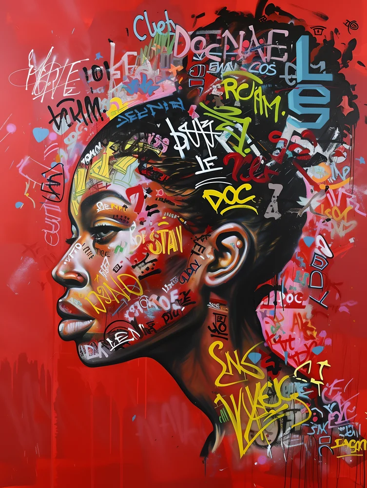 Tablou canvas: Portret Graffiti cu Elemente Culturale Africane - Thumbnail 2