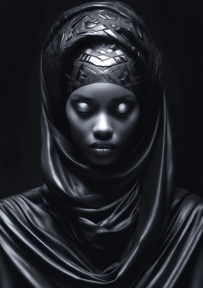 Tablou canvas: Portret Monocrom de Femeie în Eșarfă - Thumbnail 2