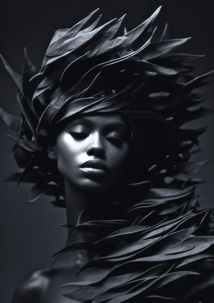 Tablou canvas: Portret Monocrom cu Elemente Naturale - Thumbnail 2