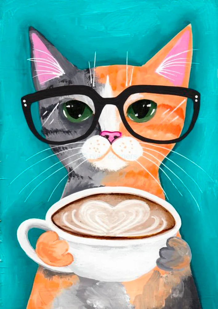 Tablou canvas: Pisică cu Ochelari și Cafea - Thumbnail 2