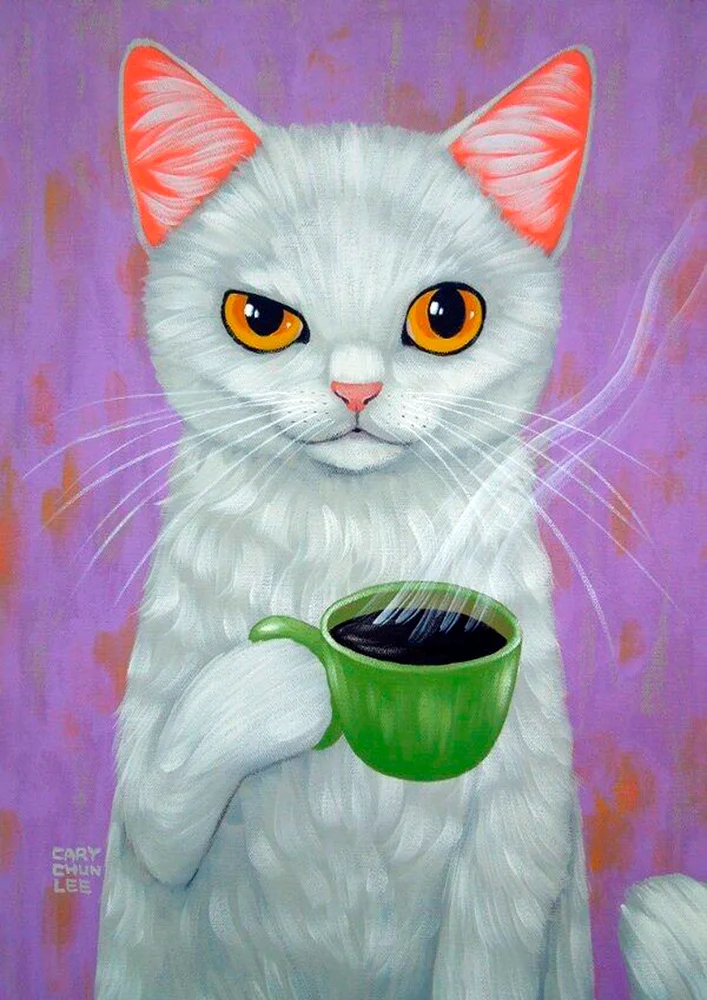 Tablou canvas: Pisică Albă cu Cană de Cafea Pe Fundal Mov - Thumbnail 2