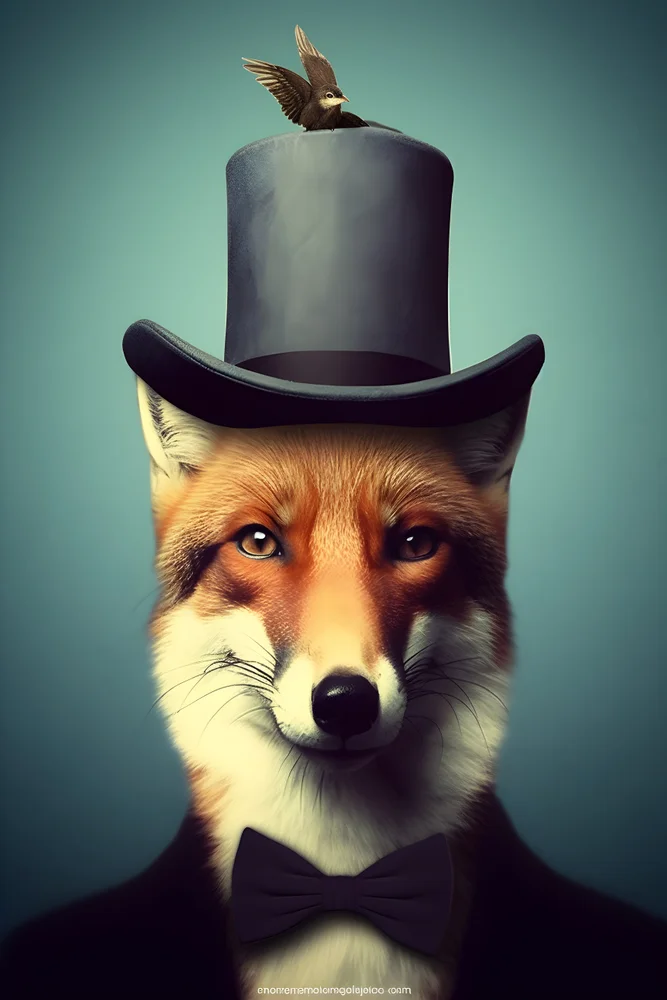 Tablou canvas: Vulpe Elegantă cu Joben și Pasăre - Thumbnail 2