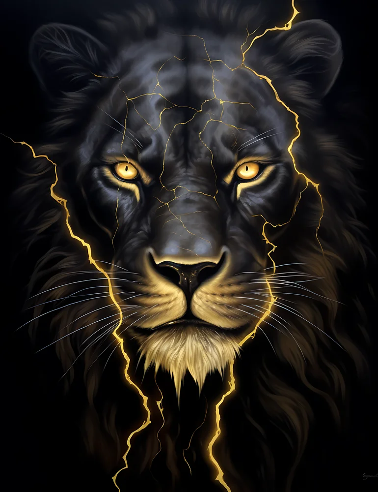 Tablou canvas: Portret de Leu Negru cu Fulger Aurit - Thumbnail 2