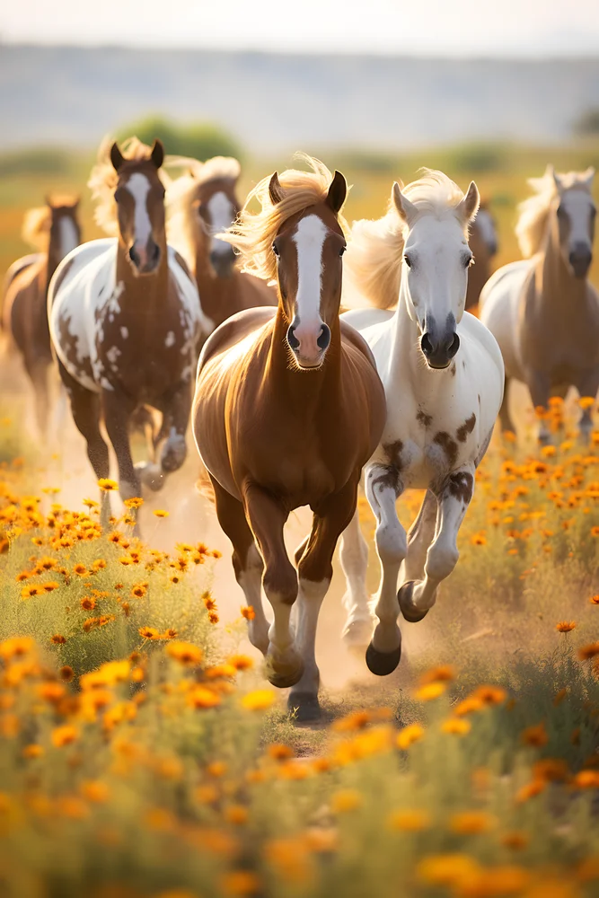 Tablou canvas: Cai Galopând Printre Flori Galbene - Thumbnail 2