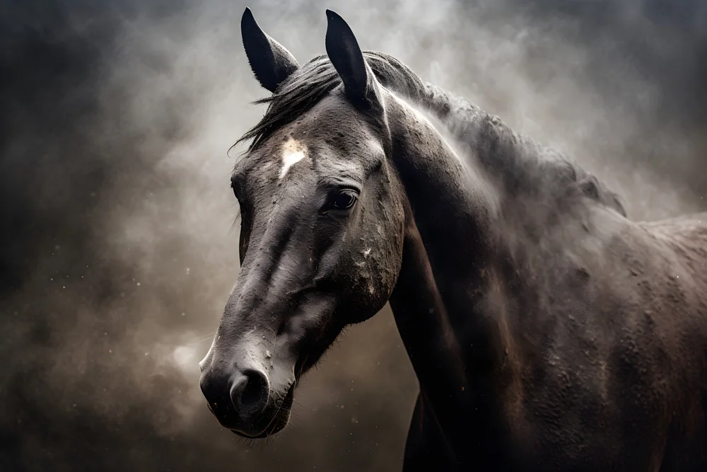 Tablou canvas: Portret de Cal Negru în Praf și Lumină - Thumbnail 2