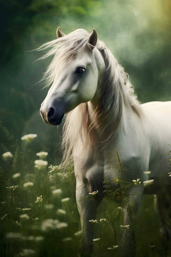 Tablou canvas: Cal Alb în Pajiște Verde - Thumbnail 2