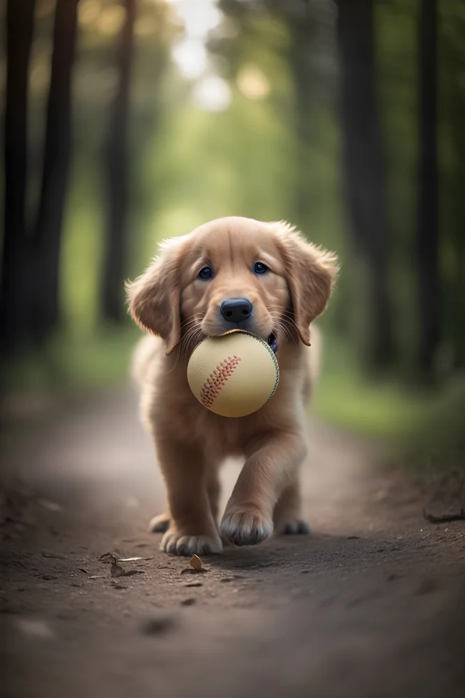 Tablou canvas: Cățeluș cu Minge pe Alee de Pădure - Thumbnail 2