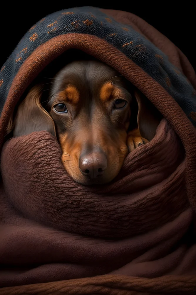 Tablou canvas: Cățel Dachshund Înfășurat în Pături - Thumbnail 2