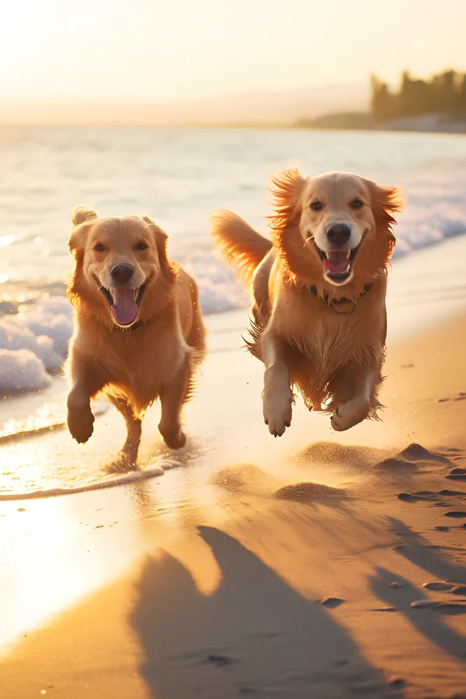 Tablou canvas: Câini Fericiți la Plajă în Amurg - Thumbnail 2