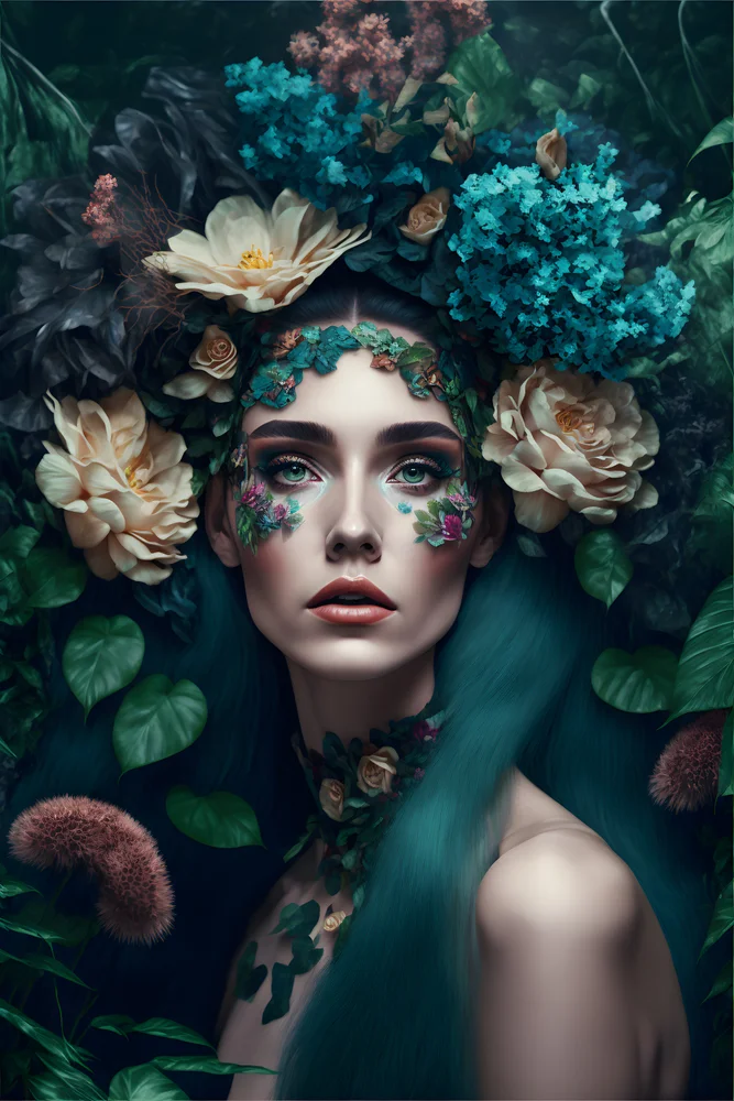 Tablou canvas: Portret Floral în Tonuri de Albastru și Verde - Thumbnail 2