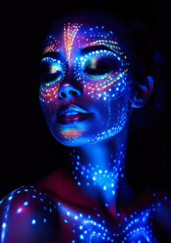 Tablou canvas: Portret Luminat cu Machiaj Neon - Thumbnail 2