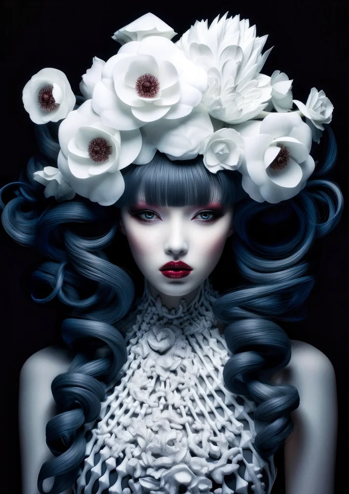 Tablou canvas: Portret Artistic cu Flori Albe și Păr Albastru - Thumbnail 2