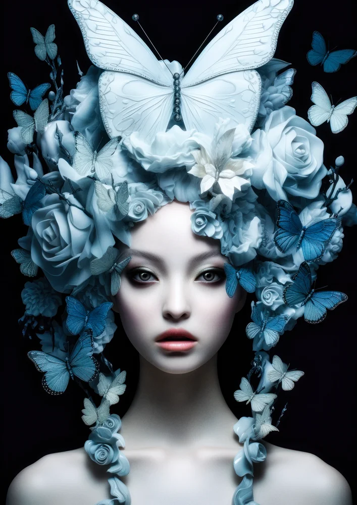 Tablou canvas: Portret cu Fluturi Alb-Albaștri - Thumbnail 2