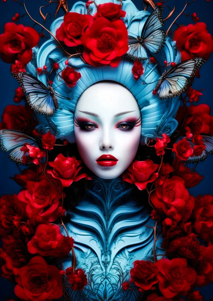 Tablou canvas: Portret Artistic cu Flori și Fluturi - Thumbnail 2