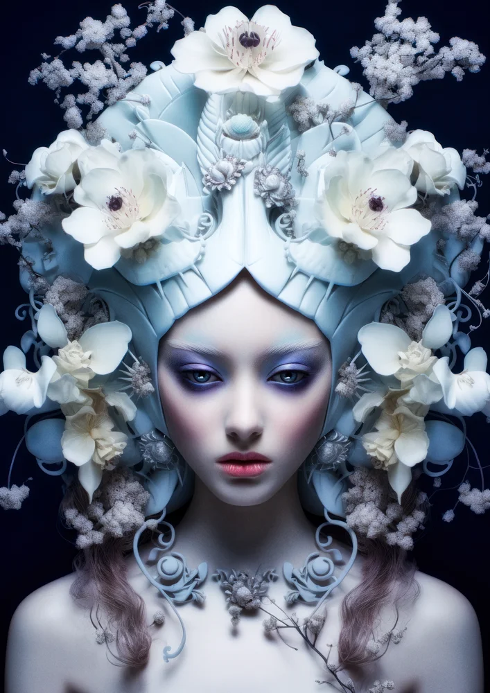 Tablou canvas: Portret Artistic cu Flori Albe - Thumbnail 2