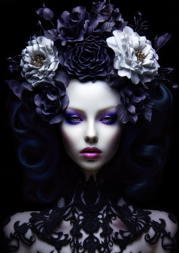 Tablou canvas: Portret Artistic cu Flori Monocrome - Thumbnail 2