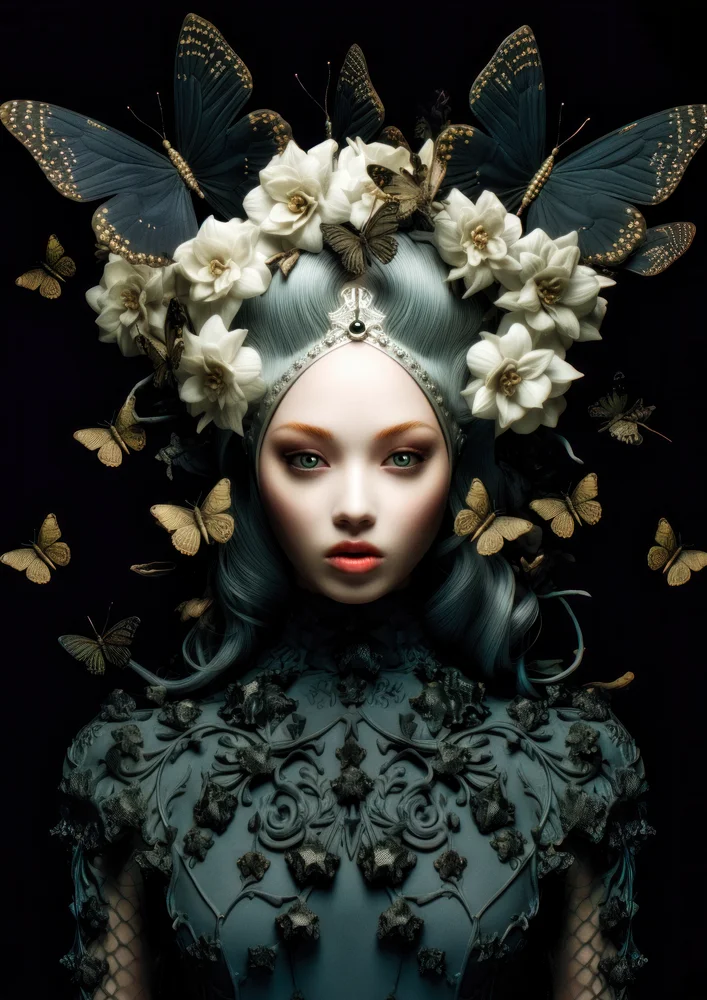 Tablou canvas: Portret Artistic cu Fluturi și Flori Albe - Thumbnail 2