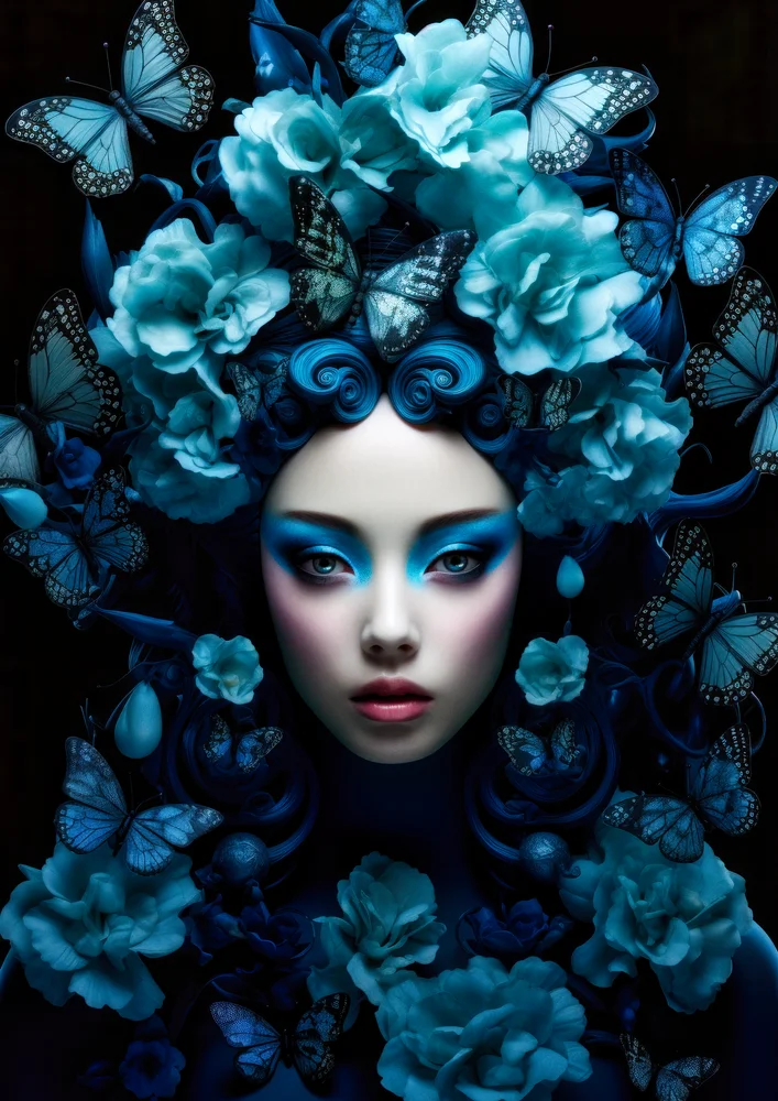 Tablou canvas: Portret Feminin cu Fluturi și Flori Albastre - Thumbnail 2