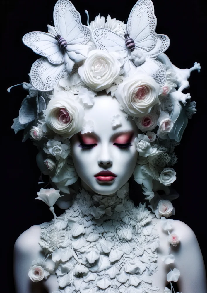 Tablou canvas: Portret cu Fluturi și Trandafiri Alb - Thumbnail 2