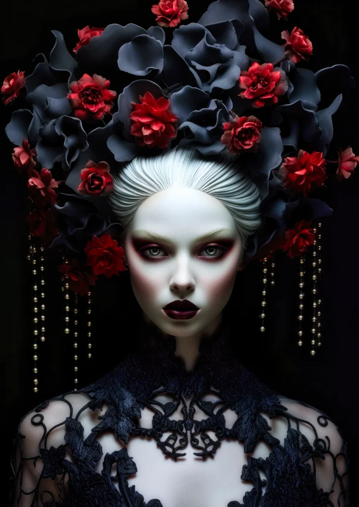 Tablou canvas: Portret Dramatic cu Flori și Perle - Thumbnail 2