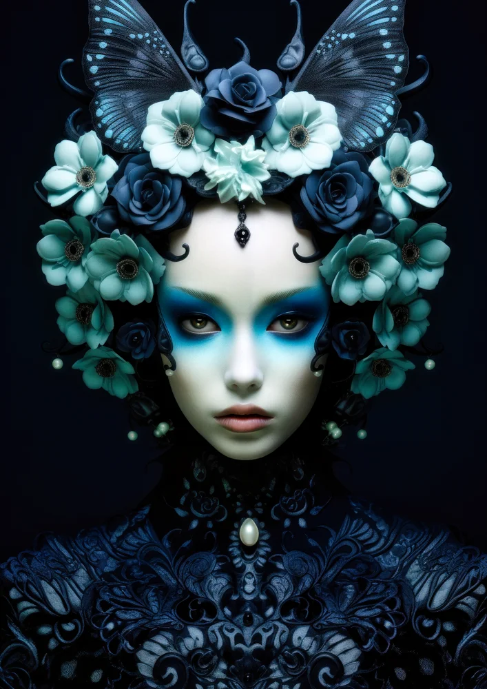 Tablou canvas: Portret Artistic cu Fluturi și Flori Albastre - Thumbnail 2