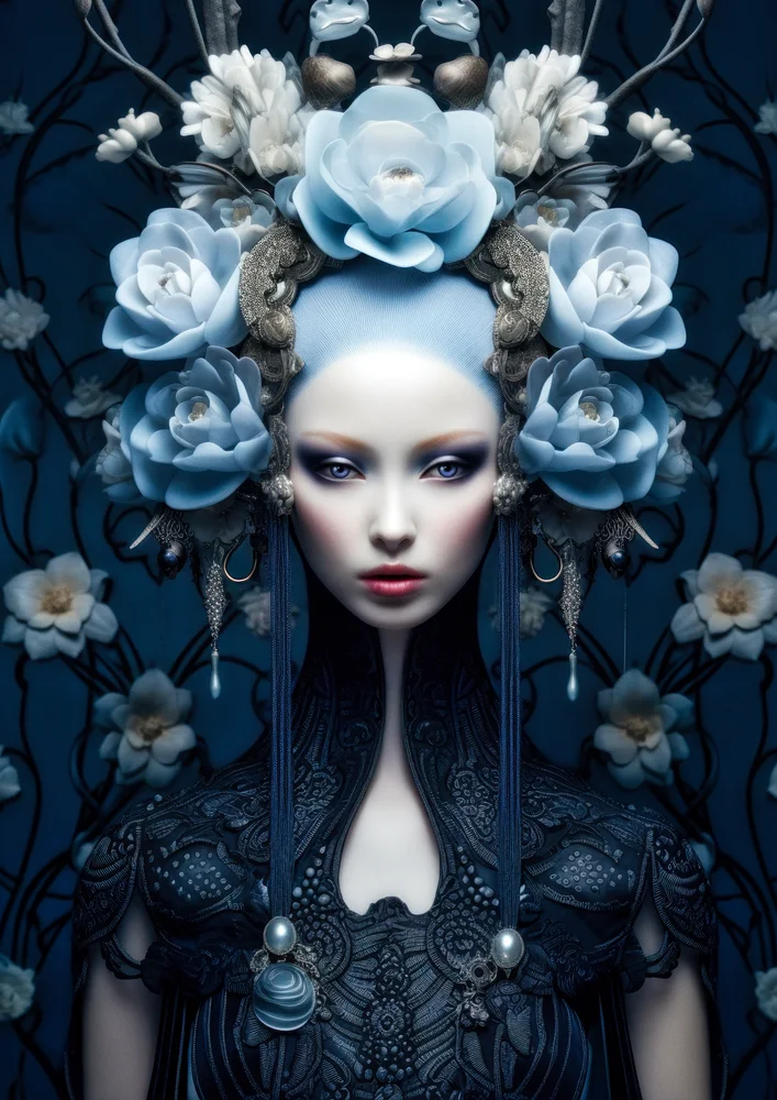 Tablou canvas: Portret Feminin cu Flori Albastre - Thumbnail 2