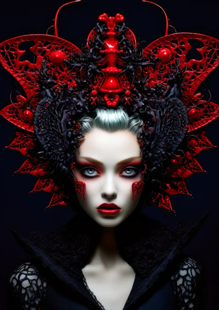 Tablou canvas: Portret Artistic cu Accente Roșu și Negru - Thumbnail 2