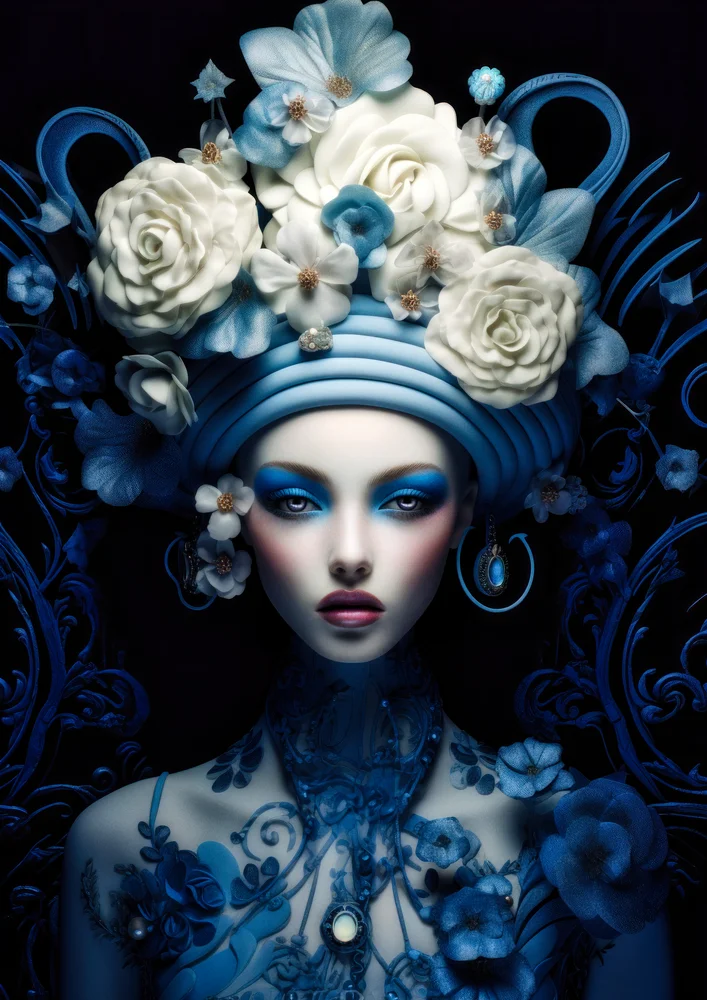 Tablou canvas: Portret Artistic cu Flori și Albastru Regal - Thumbnail 2