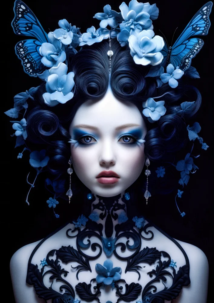 Tablou canvas: Portret Baroc cu Fluturi și Flori Albastre - Thumbnail 2