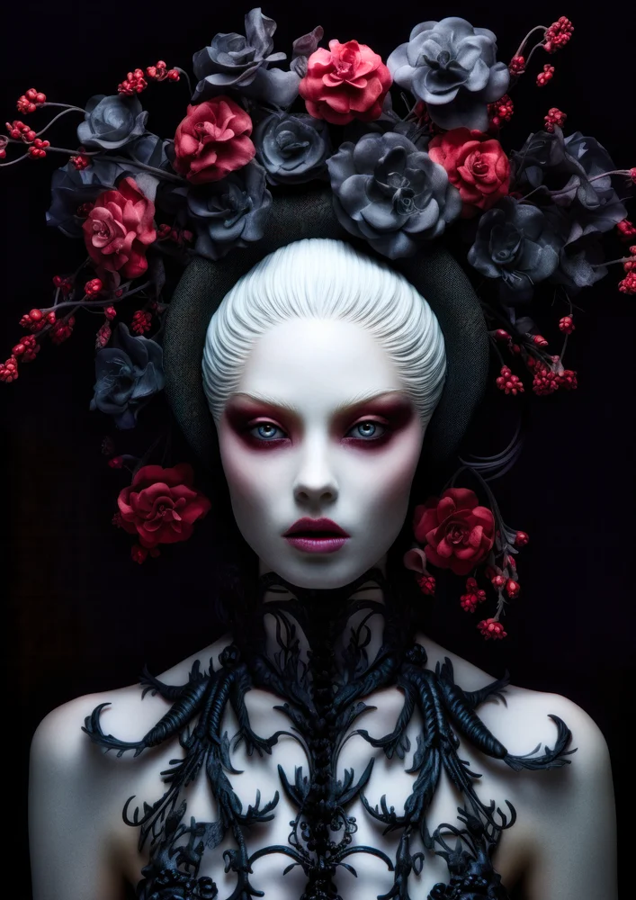 Tablou canvas: Portret Artistic cu Flori Roșu și Gri - Thumbnail 2