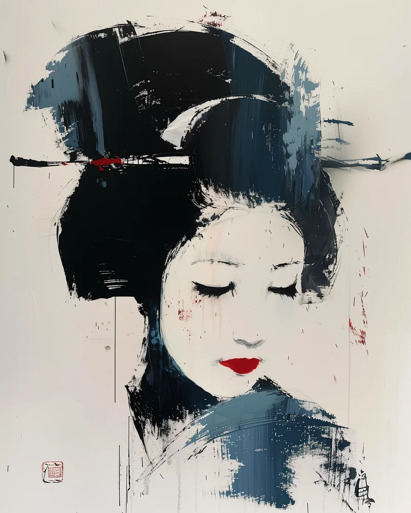 Tablou canvas: Portret Abstract Geisha în Tonuri de Albastru - Thumbnail 2