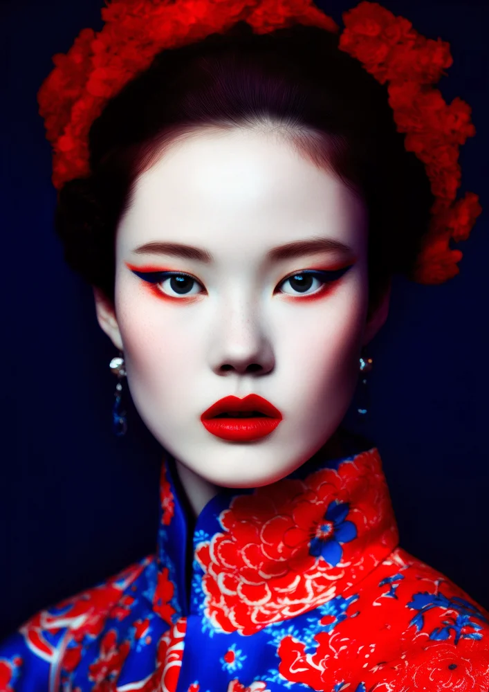 Tablou canvas: Portret Asiatic cu Accente Roșii Intense - Thumbnail 2