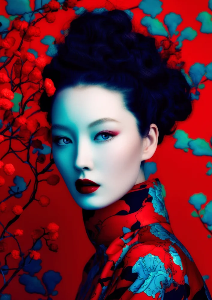 Tablou canvas: Portret Asiatic în Roșu și Albastru - Thumbnail 2