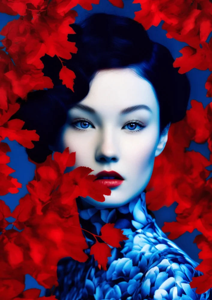 Tablou canvas: Portret Femeie Asiatică Printre Frunze Roșii - Thumbnail 2