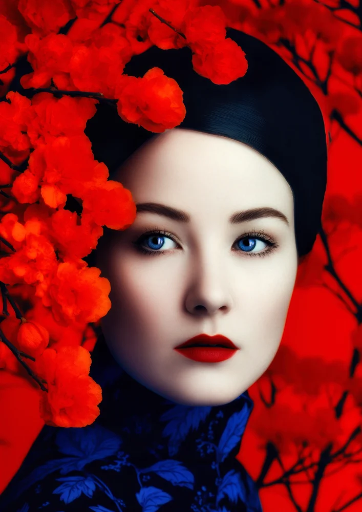 Tablou canvas: Portret Asiatic cu Flori Roșii - Thumbnail 2