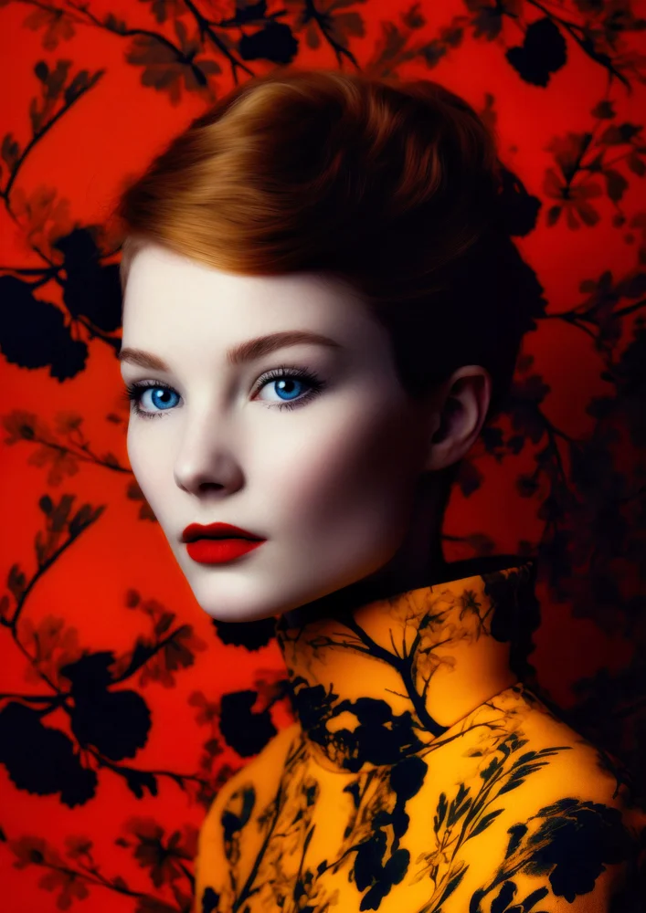 Tablou canvas: Portret Asiatic cu Fundal Floral Roșu - Thumbnail 2