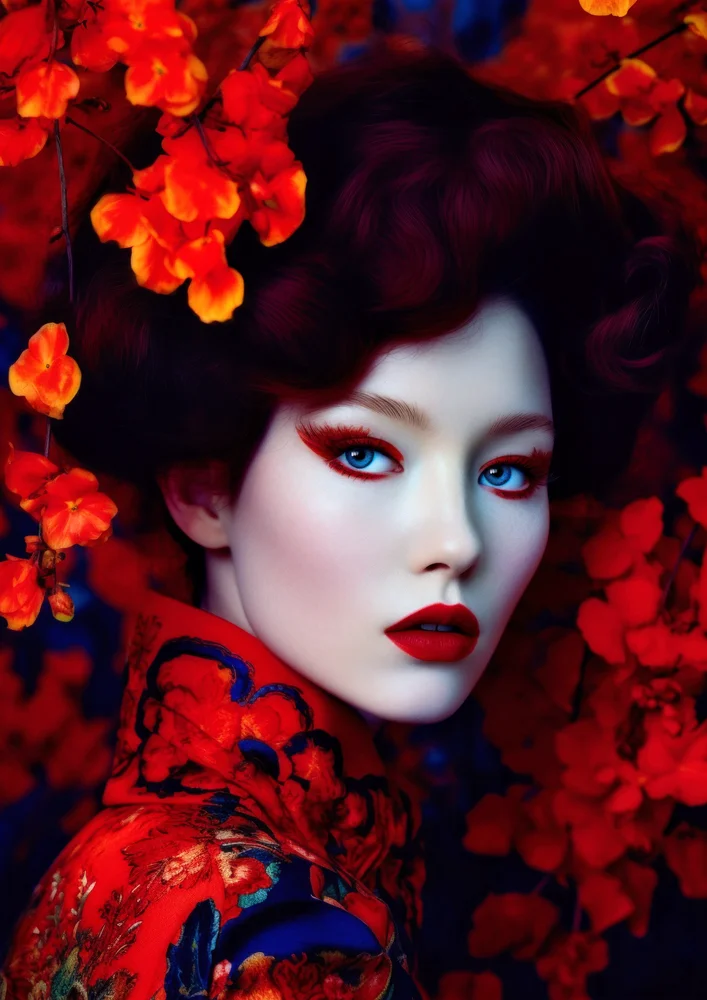 Tablou canvas: Portret Oriental cu Flori Roșii - Thumbnail 2