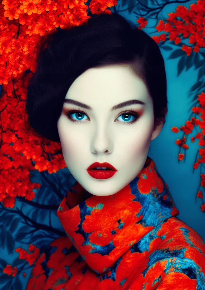 Tablou canvas: Portret Asiatic cu Flori Roșii (2) - Thumbnail 2