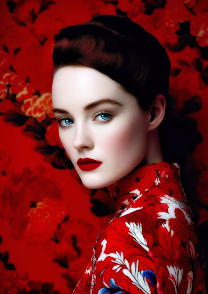 Tablou canvas: Portret Asian în Fundal Floral Roșu - Thumbnail 2