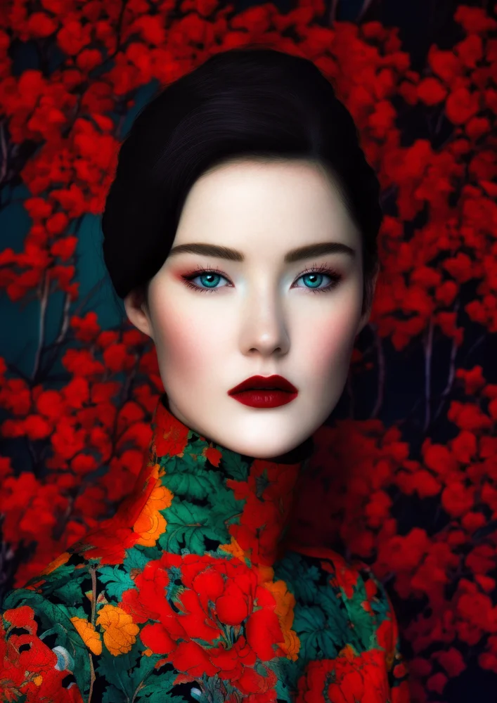 Tablou canvas: Portret Asiatic în Fundal de Flori Roșii - Thumbnail 2