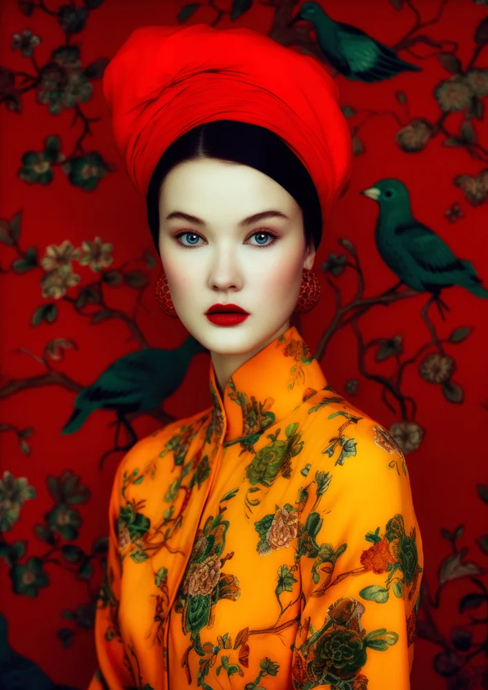 Tablou canvas: Portret Asiatic cu Fundal Roșu și Păsări - Thumbnail 2