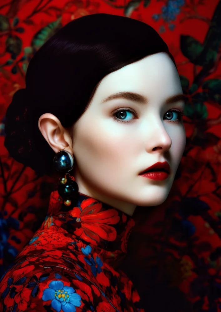 Tablou canvas: Portret Asiatic cu Fundal Floral Roșu (2) - Thumbnail 2