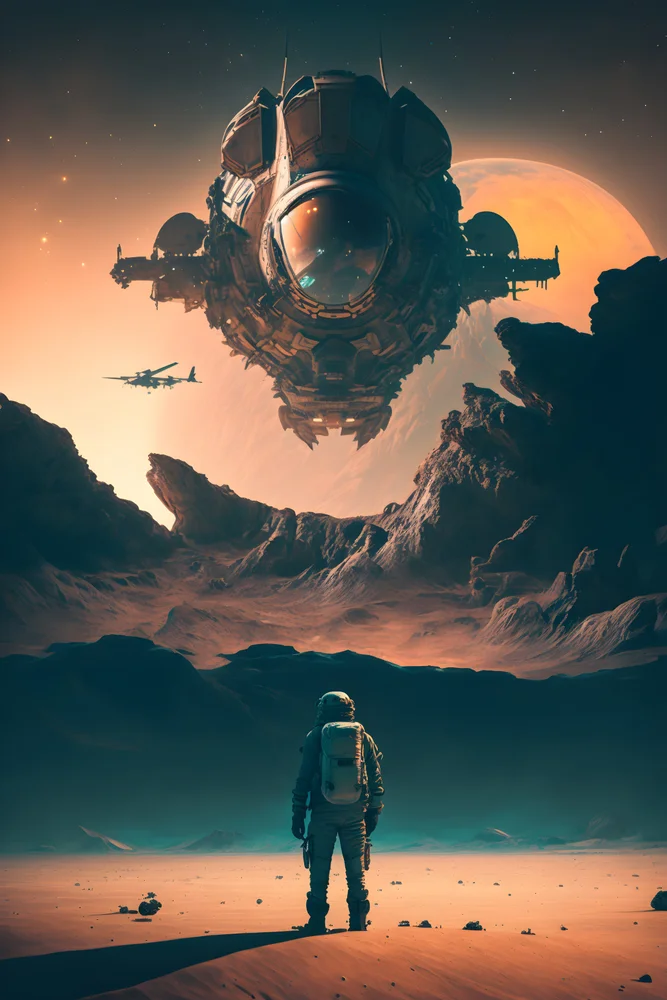 Tablou canvas: Astronaut sub Navă Spațială pe Planeta Roșie - Thumbnail 2