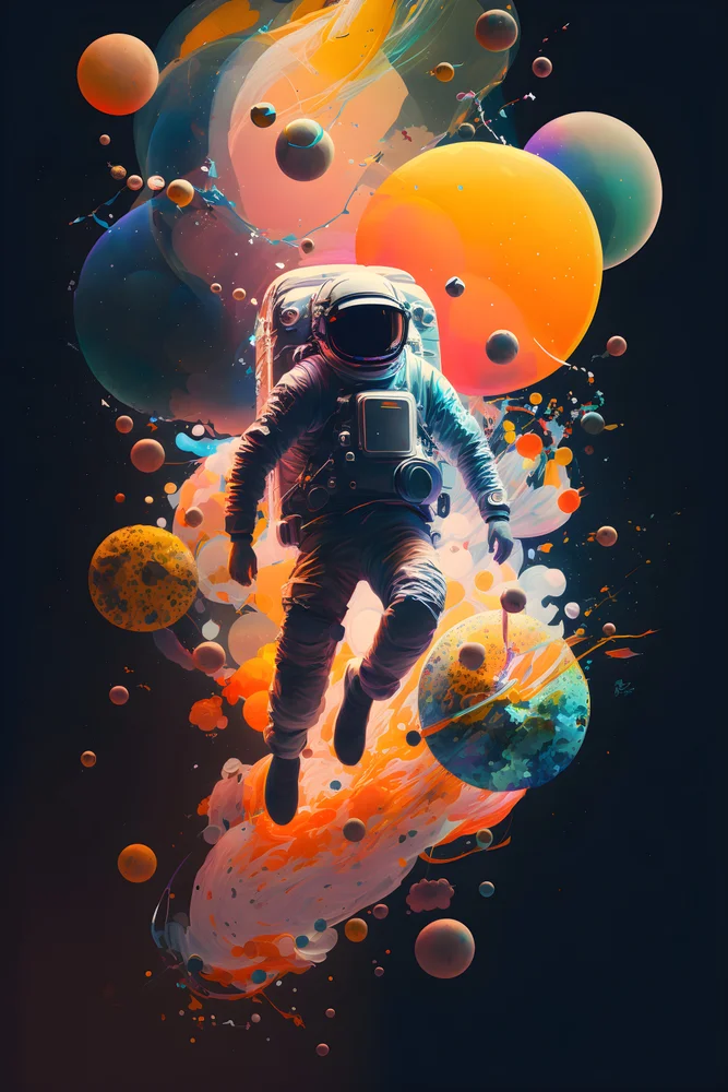 Tablou canvas: Astronaut Plutind Printre Planete Colorate - Thumbnail 2