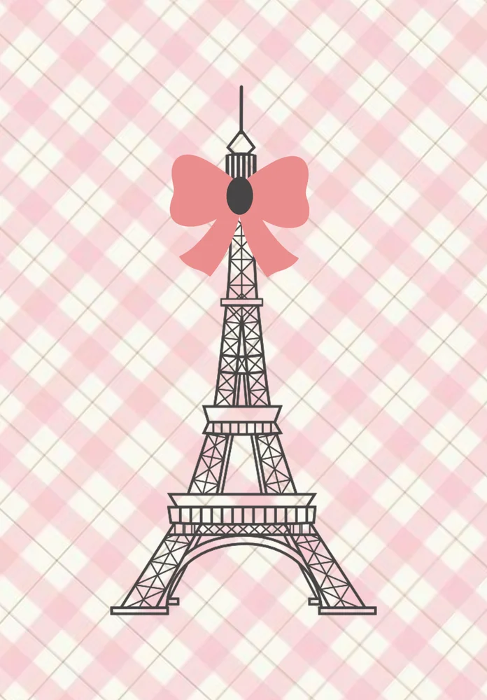 Tablou canvas: Turnul Eiffel cu Fundiță Roz pe Fundal Carouri - Thumbnail 2