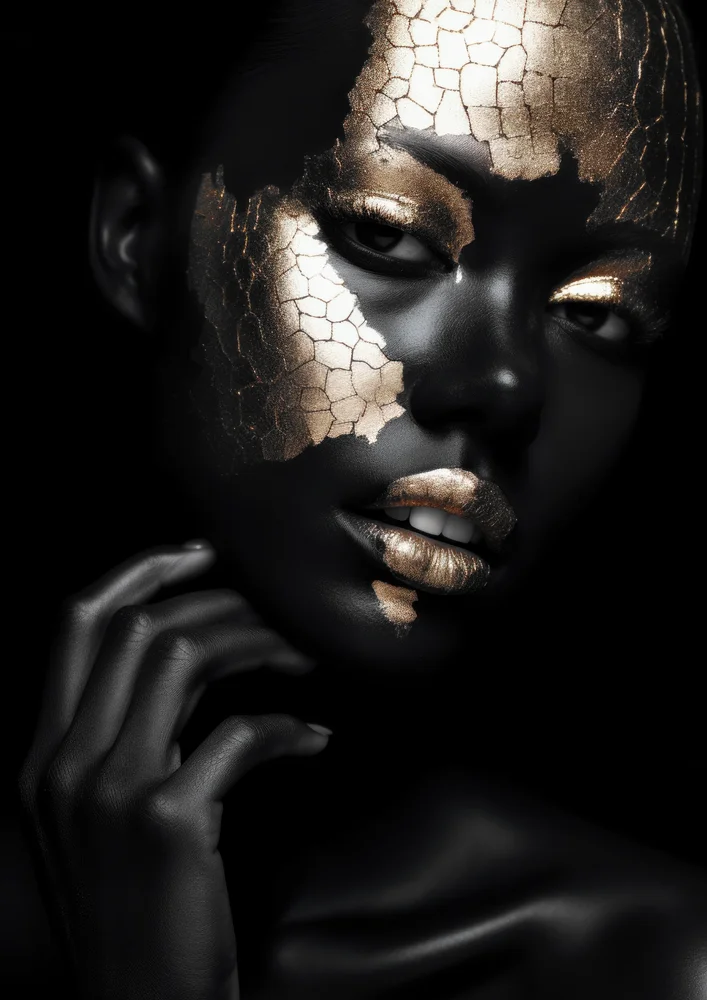 Tablou canvas: Portret cu Accente Aurii pe Fundal Negru - Thumbnail 2